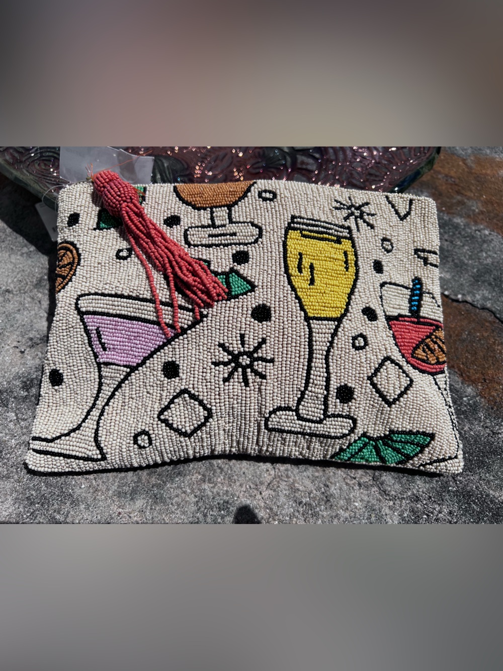 NWT 🍸Fiona Beaded Flat Pouch Drinks Edition illustrations/stripes
